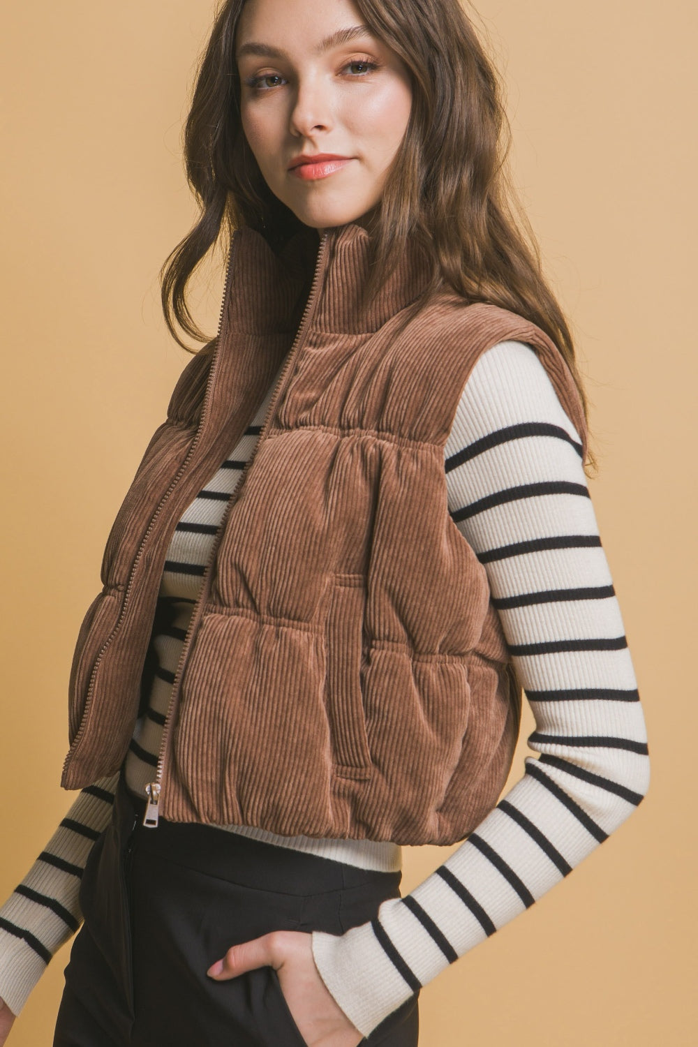 Emma Corduroy Cropped Puffer Vest, Cocoa