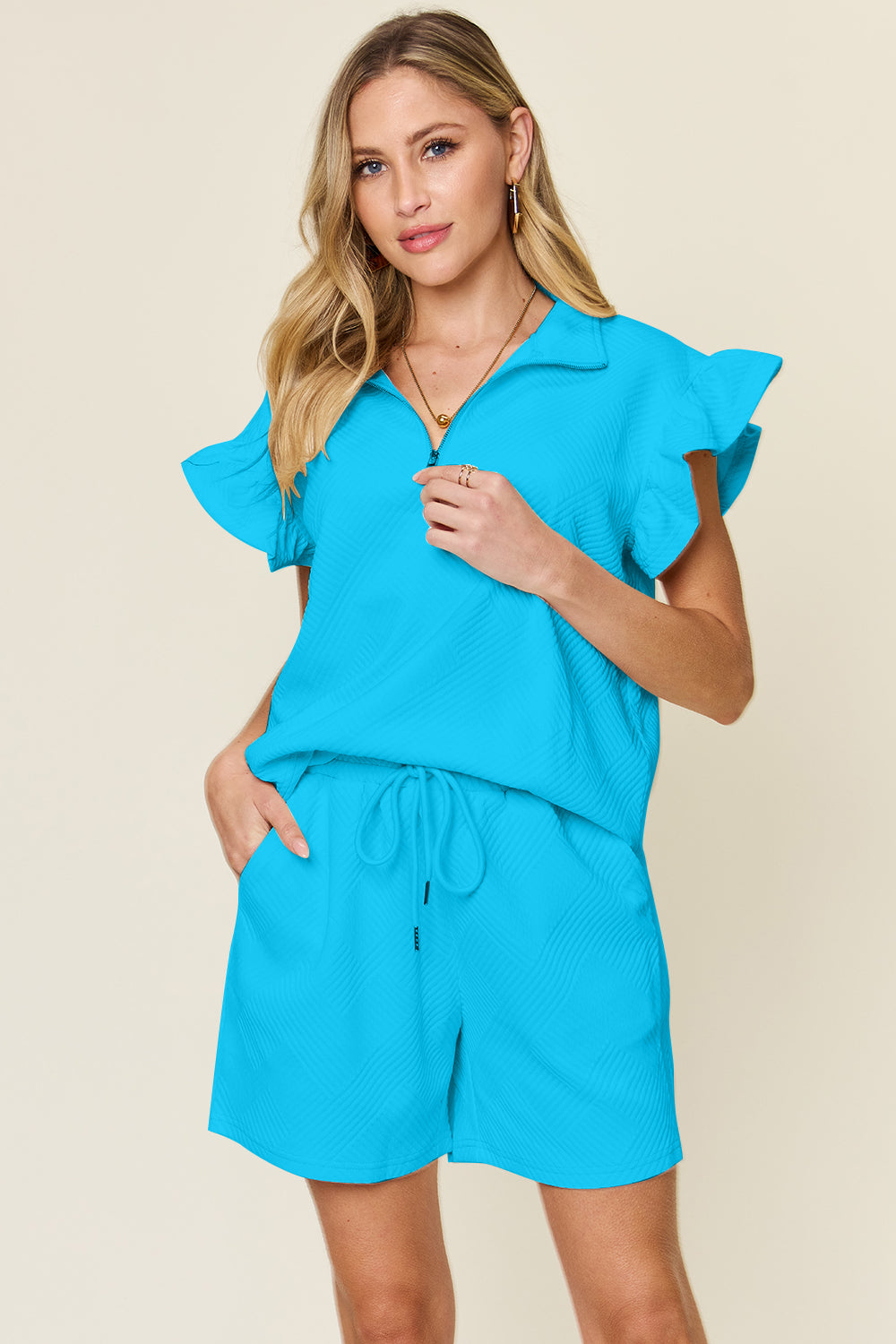 Allie Textured Ruffle Sleeve Shorts Set