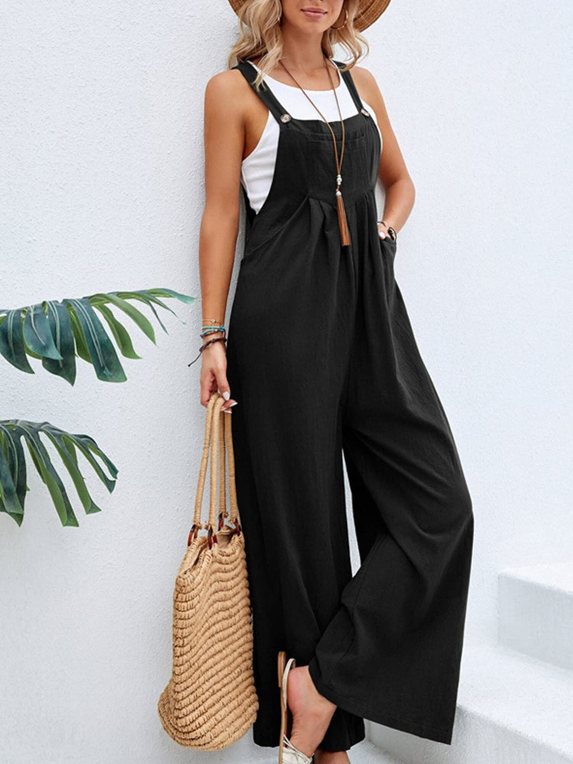 Ree Square Neck Wide Strap Overalls