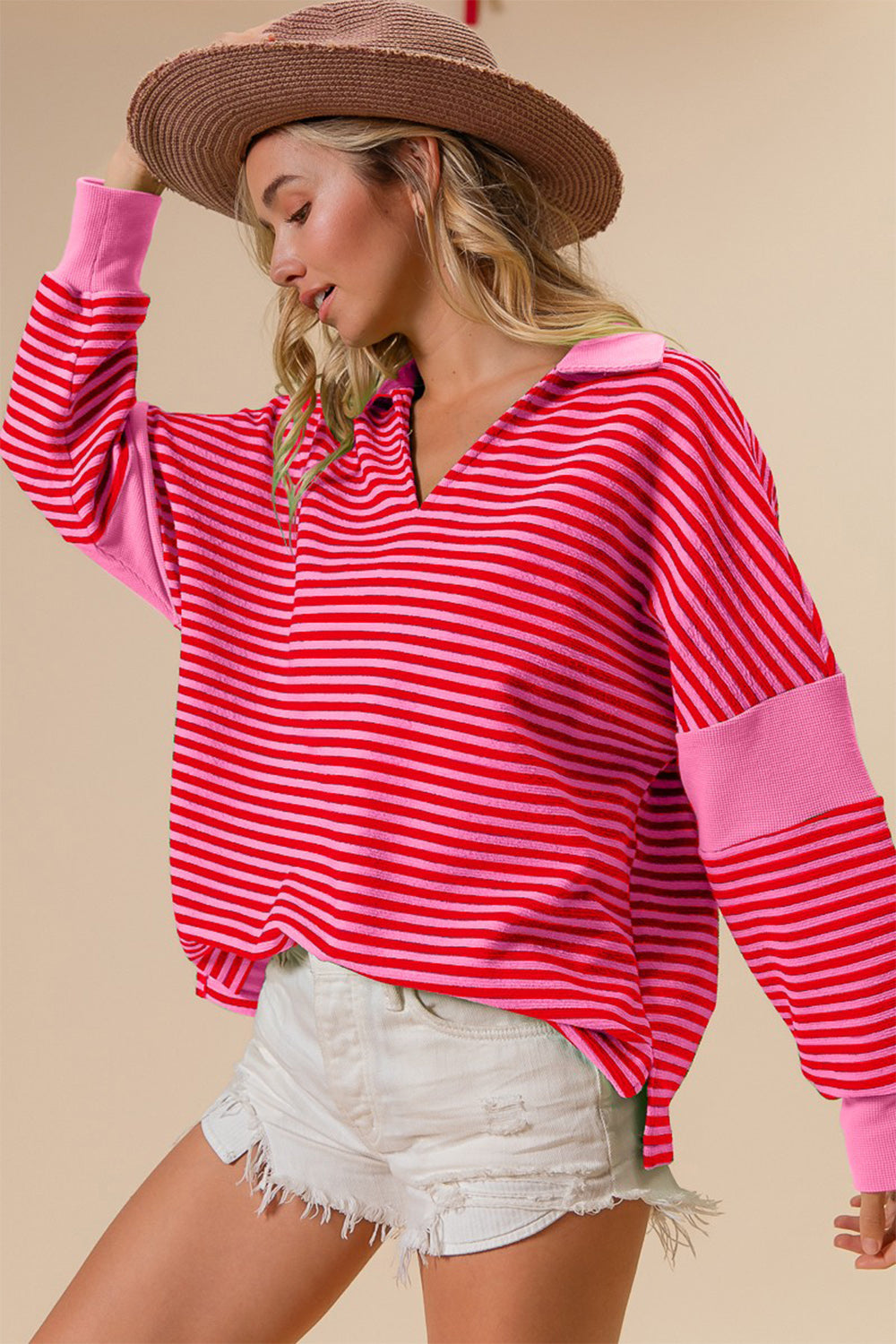 Raine Striped V-Neck Collared Long Sleeve Top