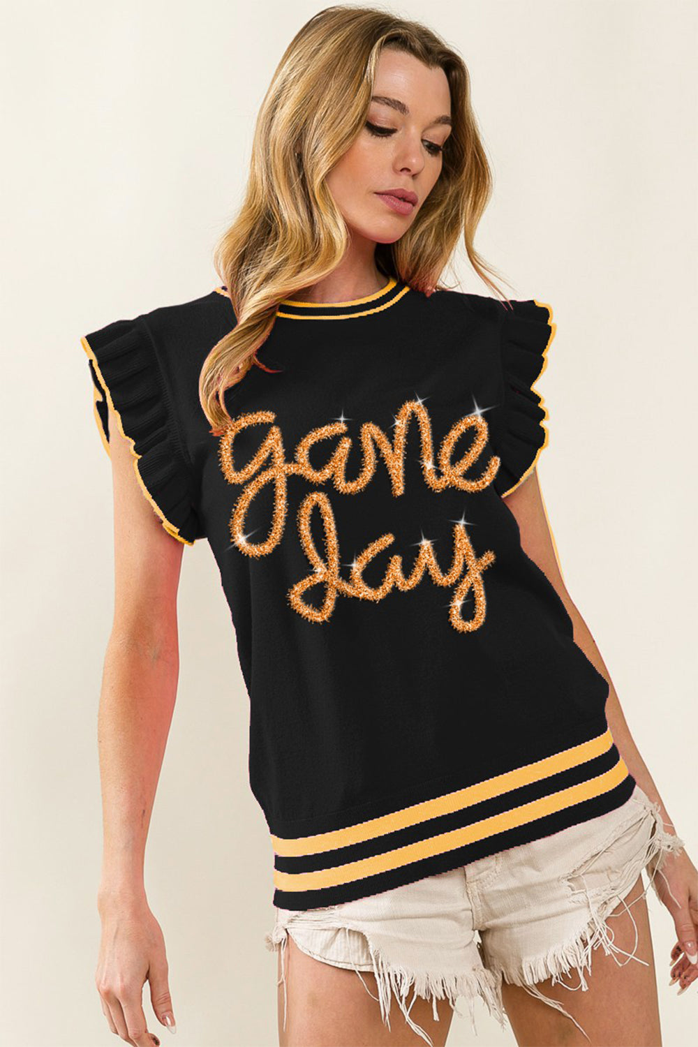 Game Day Ruffle Sleeve Sweater, Black