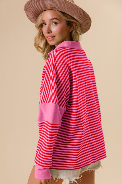 Raine Striped V-Neck Collared Long Sleeve Top