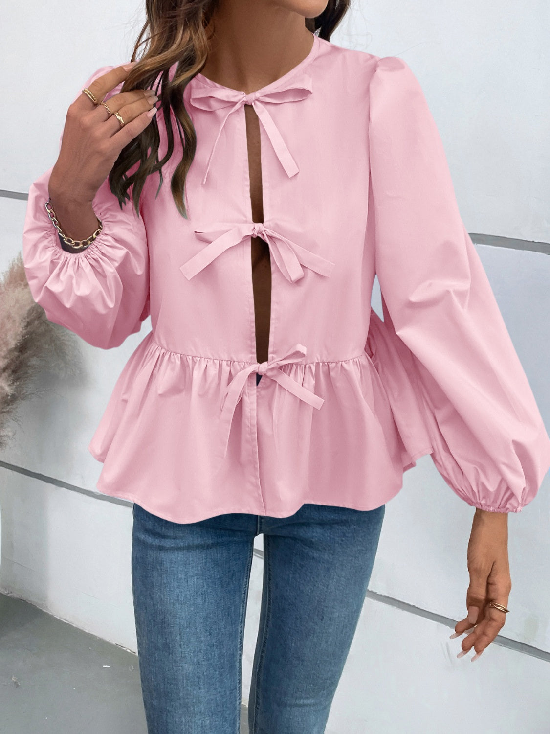 Monroe Jane Peplum Tied Long Sleeve Blouse