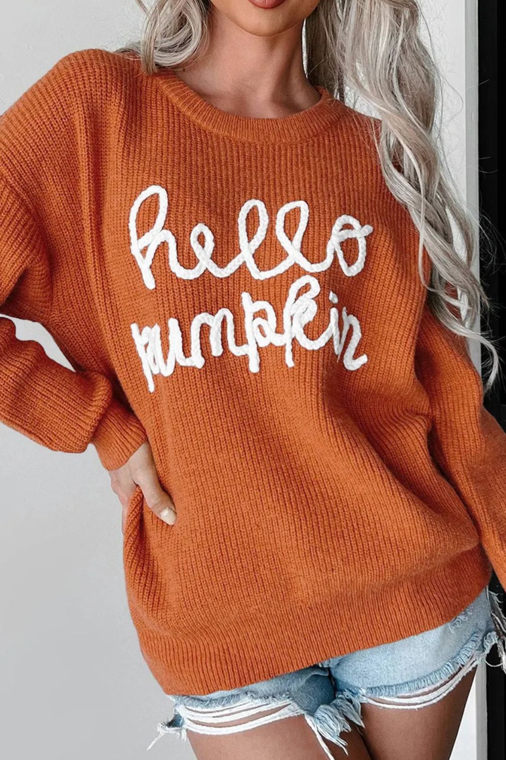 Hello Pumpkin Knit Letter Drop Shoulder Sweater