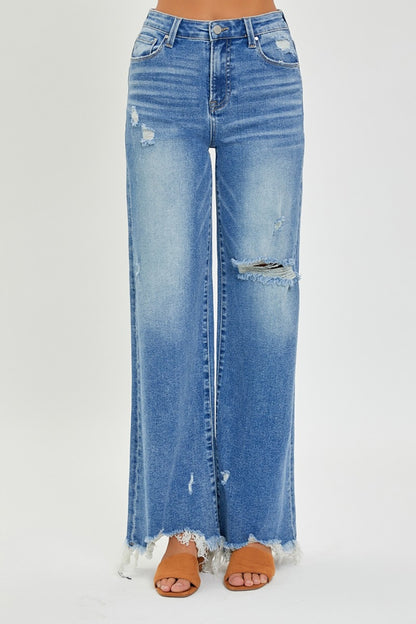 High Rise Frayed Hem Wide Leg Jeans