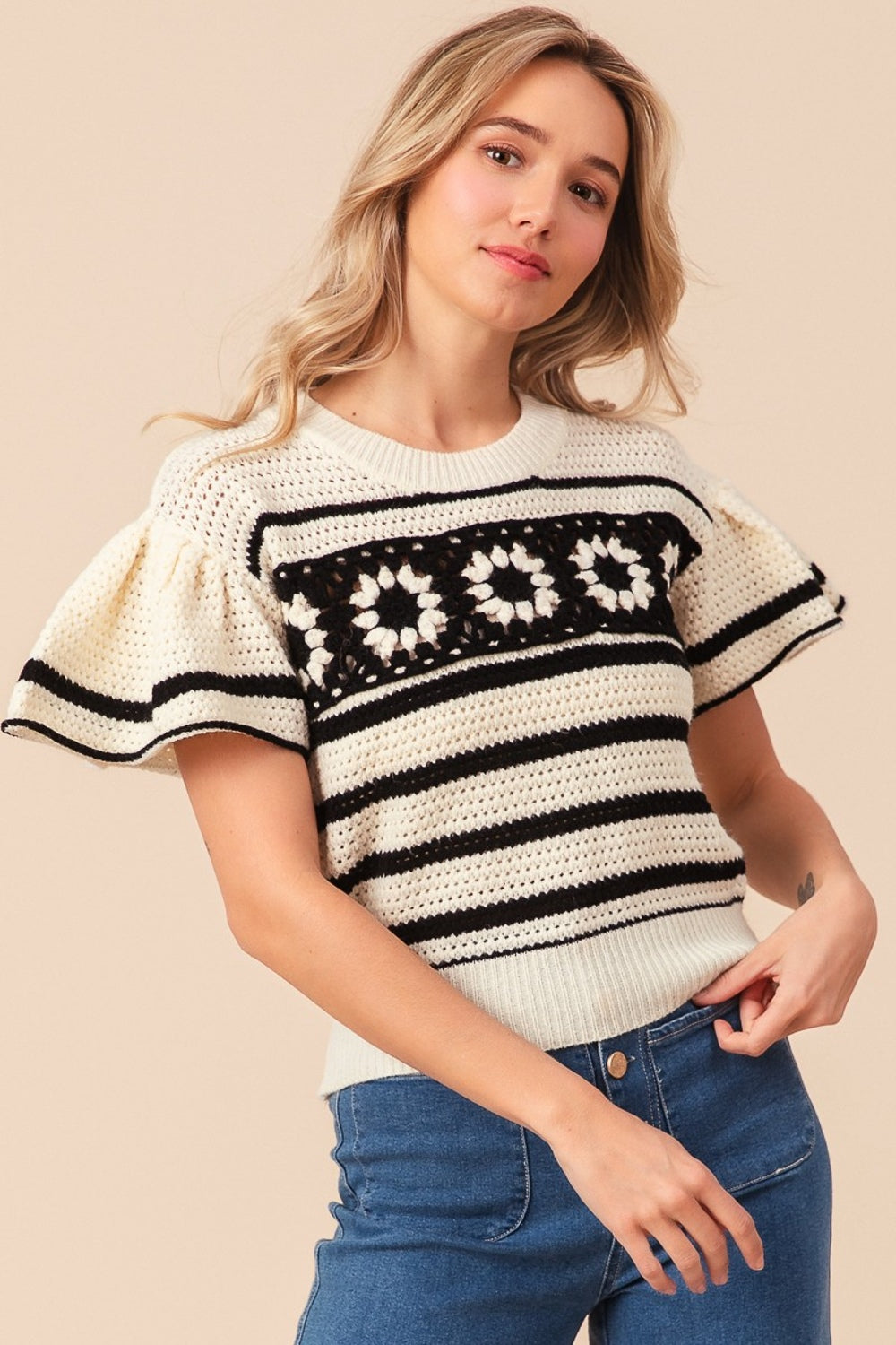 Betty Granny Square Short Sleeve Sweater