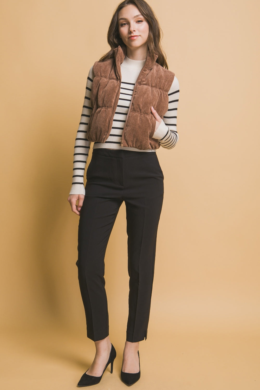 Emma Corduroy Cropped Puffer Vest, Cocoa