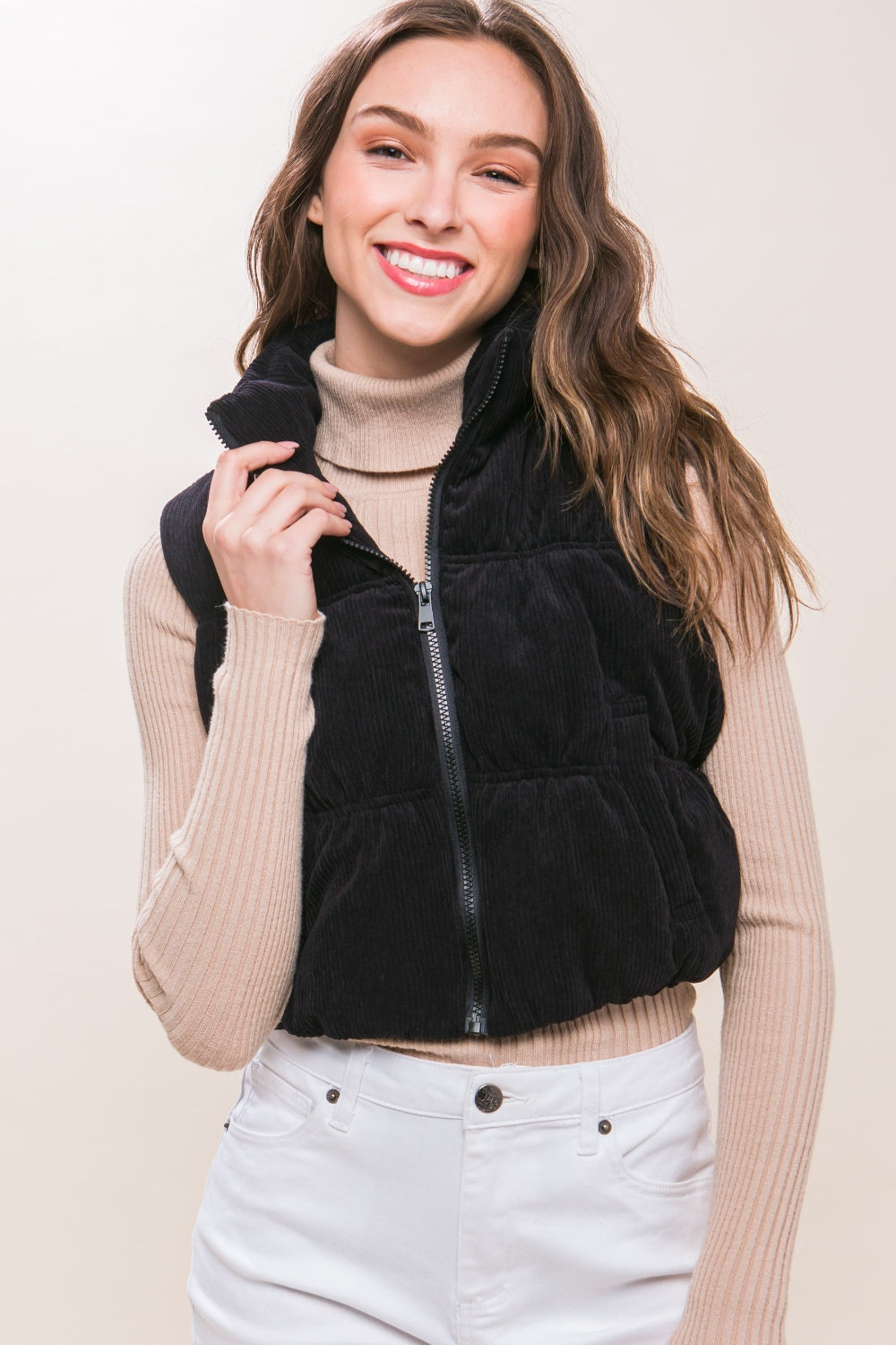 Emma Corduroy Cropped Puffer Vest, Black