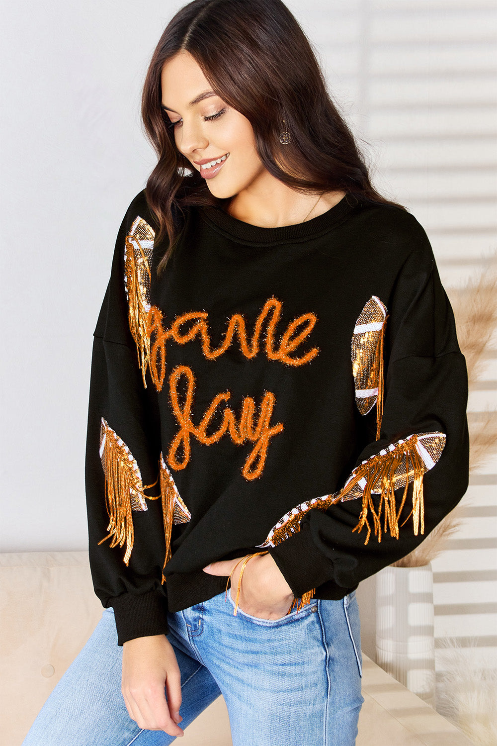 Sequin Fringe Football Game Day Sweatshirt