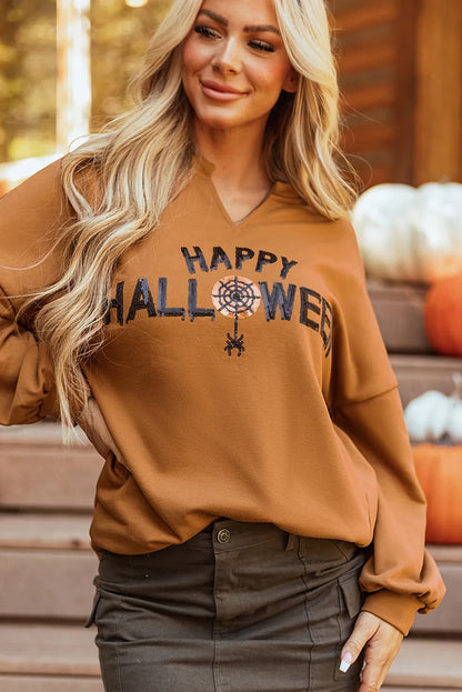 Sequin Happy Halloween Notched Sweatshirt