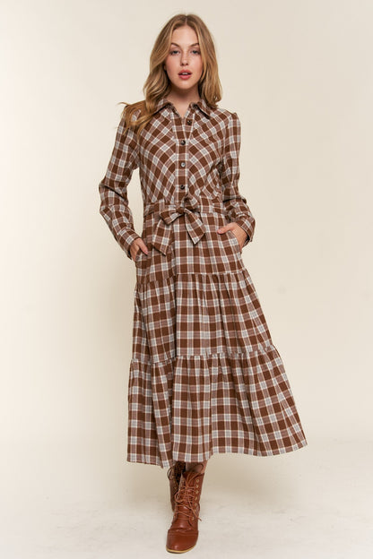 Willow Plaid Tiered Midi Button Up Dress