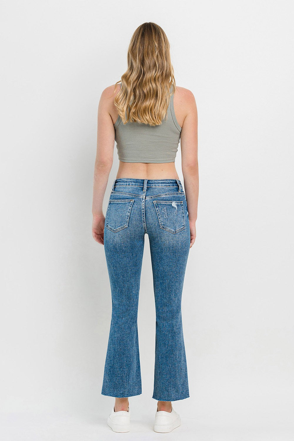 Mid Rise Distressed Cropped Flare Jeans