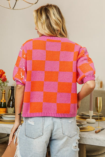 Sequin Checkered Short Sleeve Sweater