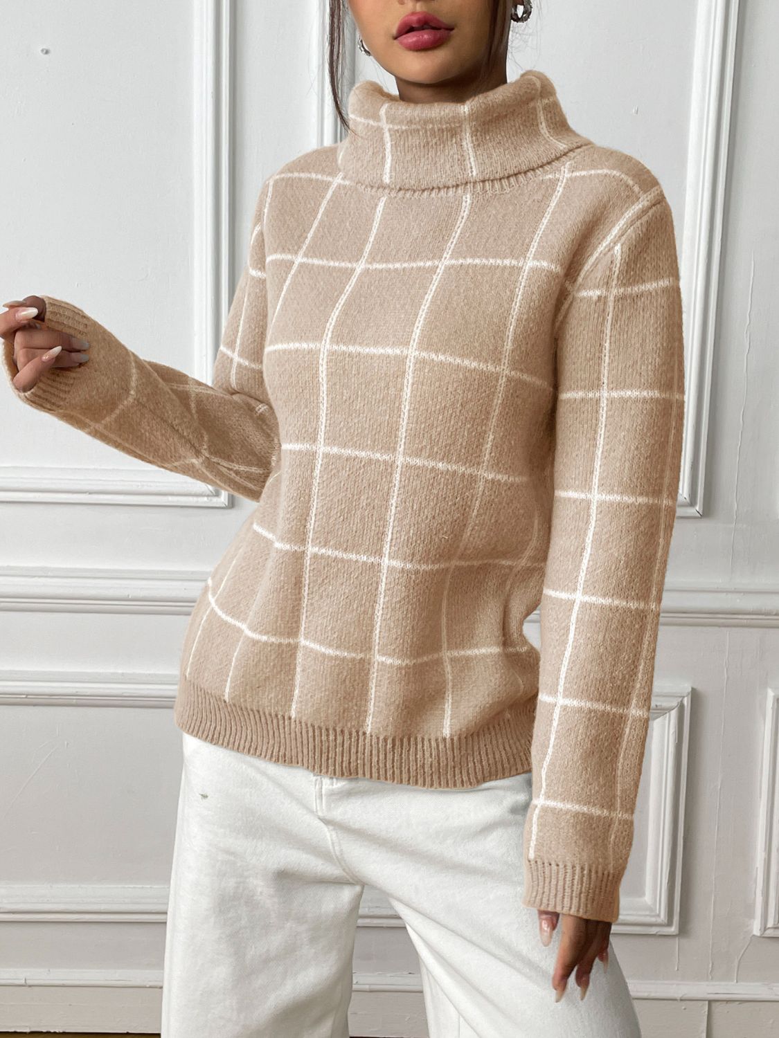 Sandy Plaid Turtleneck Sweater