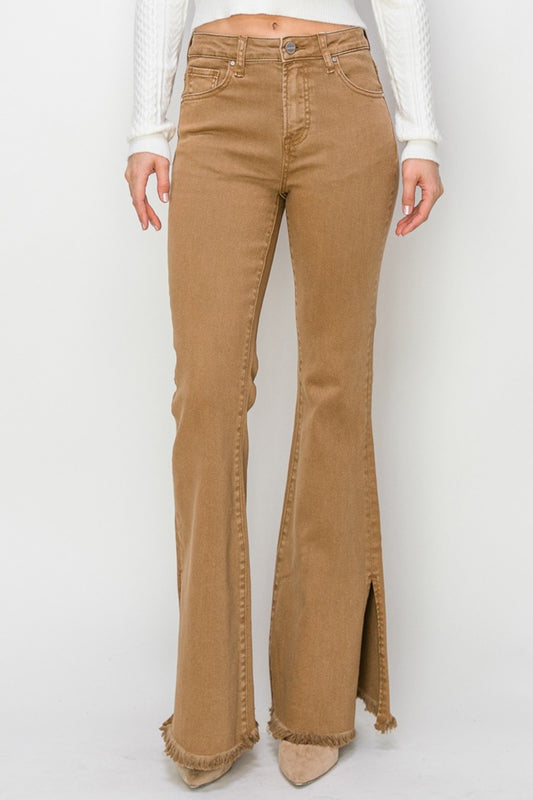 High Waist Side Slit Flare Jeans, Khaki