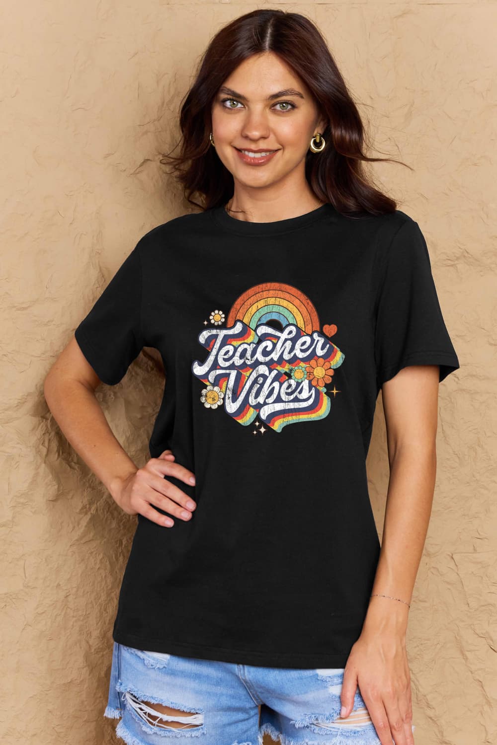 Teacher Vibes Rainbow Graphic Cotton T-Shirt