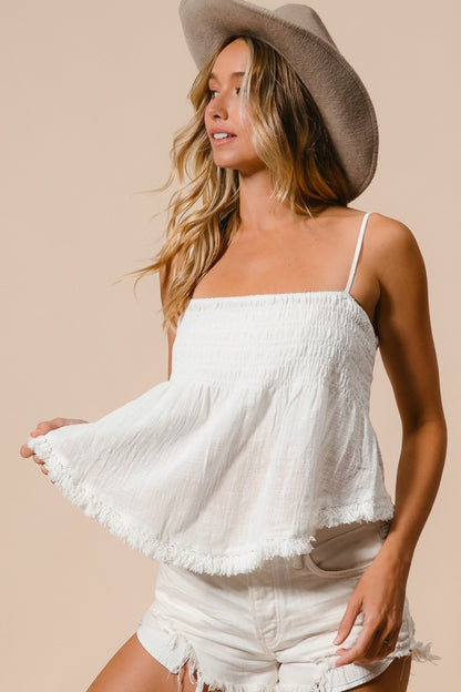 Dottie Pearl Fringed Hem Smocked Tank