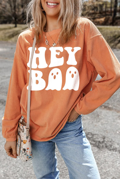 Hey Boo Graphic Ribbed Long Sleeve Shirt