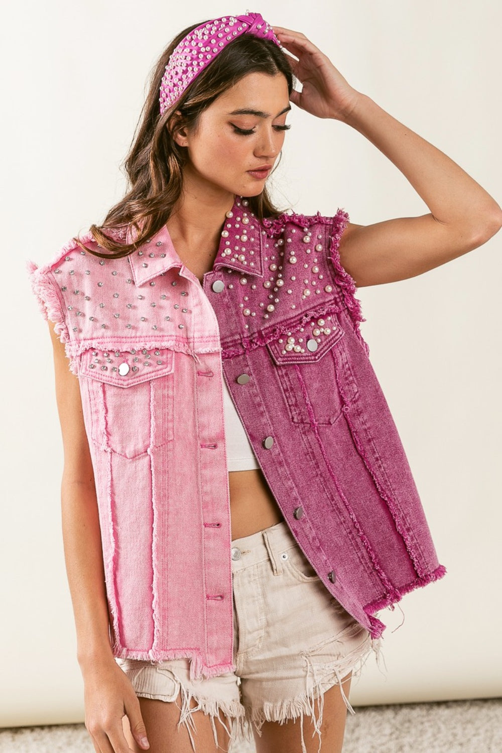 Pearl & Rhinestone Contrast Raw Hem Vest