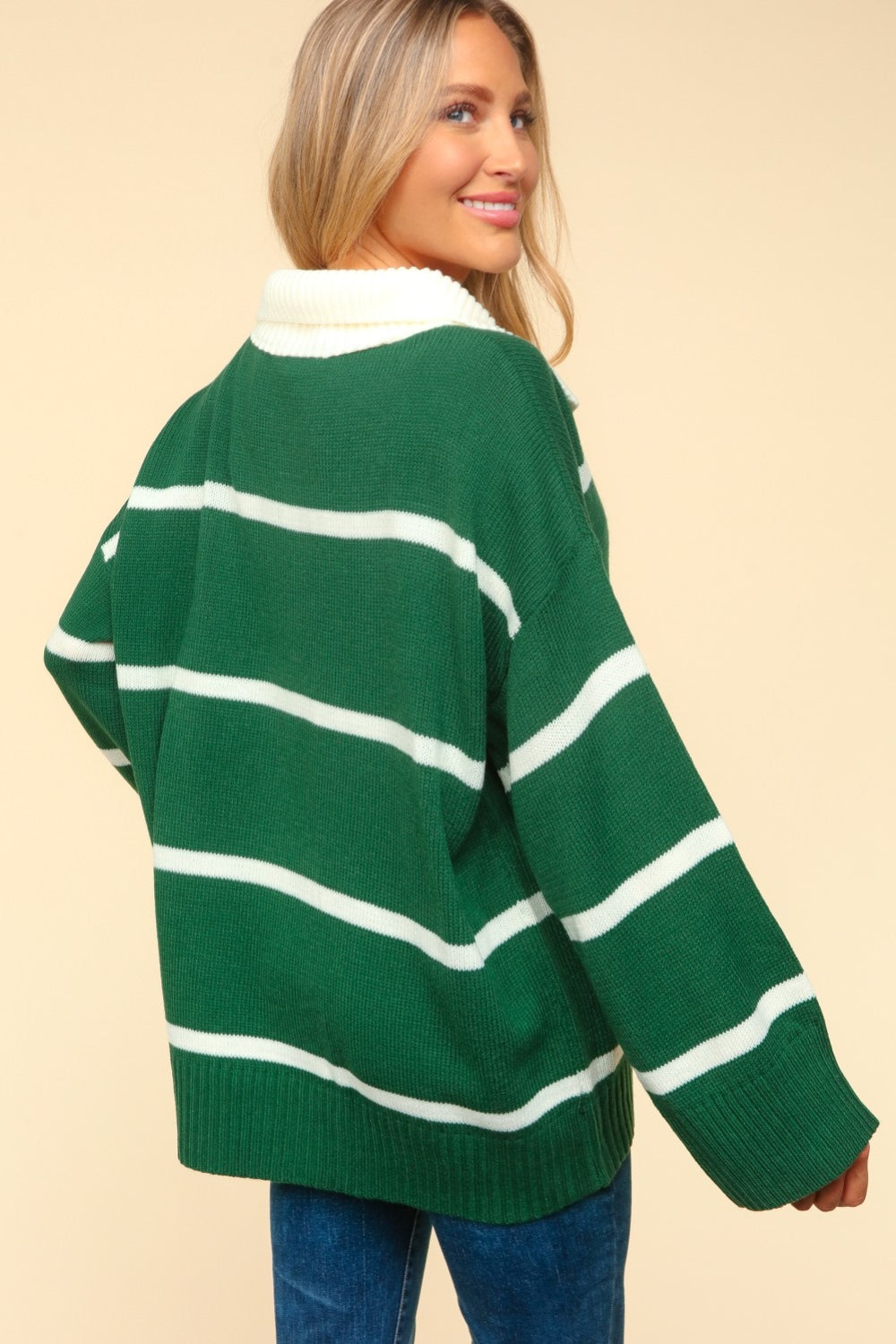 Phyllis Wide Collared Sweater, Green/Ivory