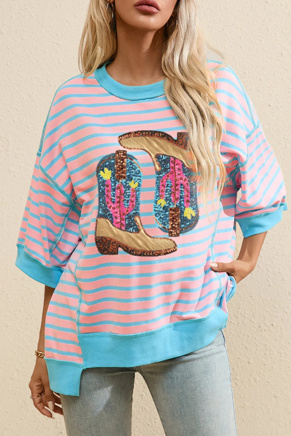 Boots Sequined Striped Round Neck Half Sleeve T-Shirt