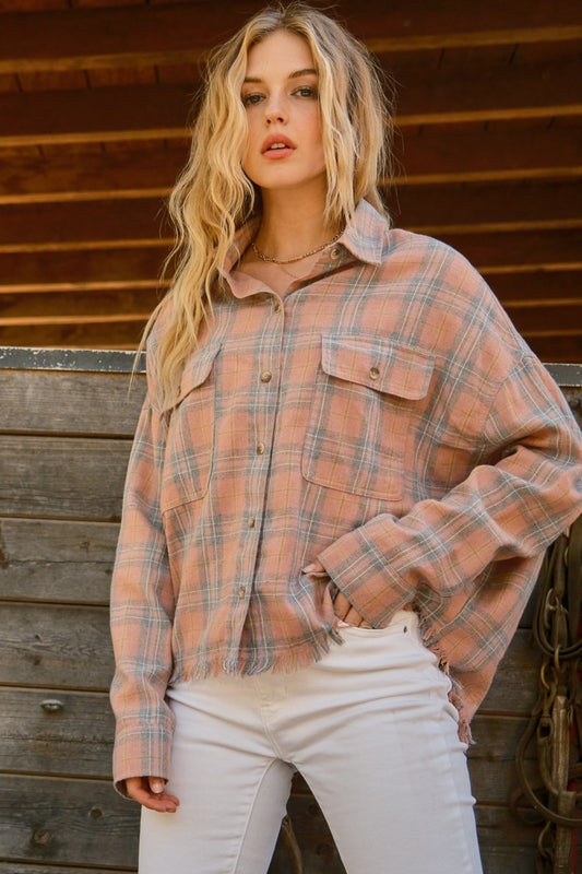 Josie Raw Hem Plaid Button Up