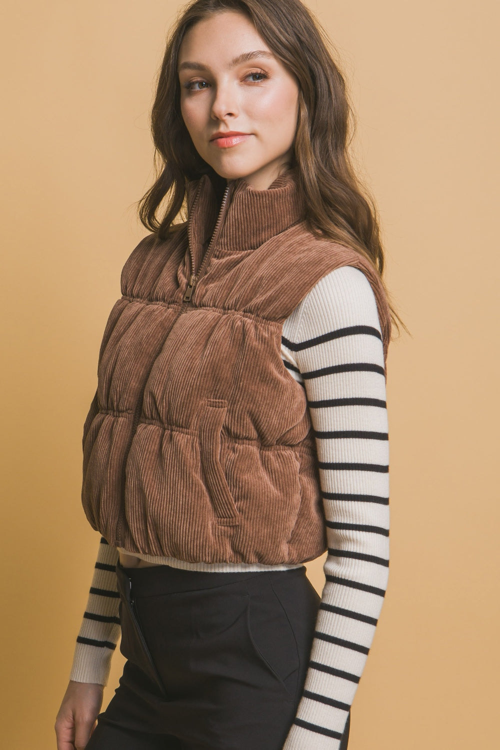 Emma Corduroy Cropped Puffer Vest, Cocoa