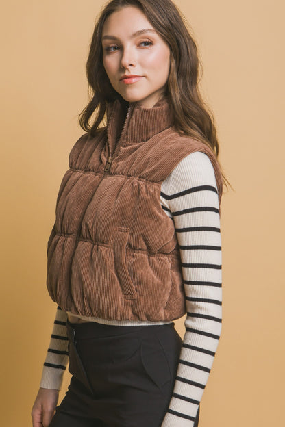 Emma Corduroy Cropped Puffer Vest, Cocoa