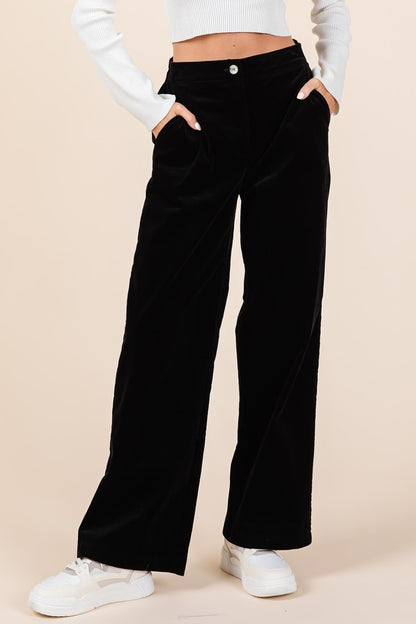 Selah Corduroy Elastic Back Wide Leg Pants, Black