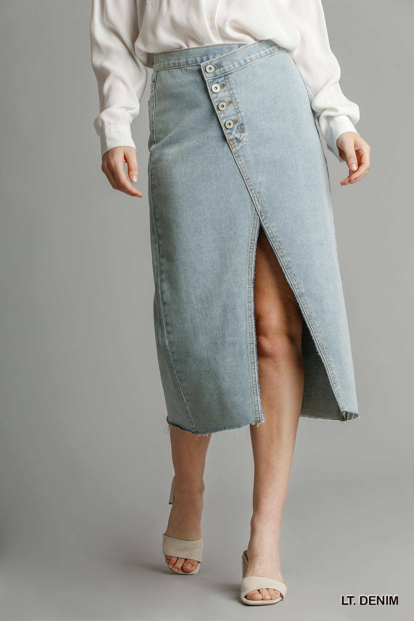 Faye Violet Asymmetrical Button Waist Denim Skirt