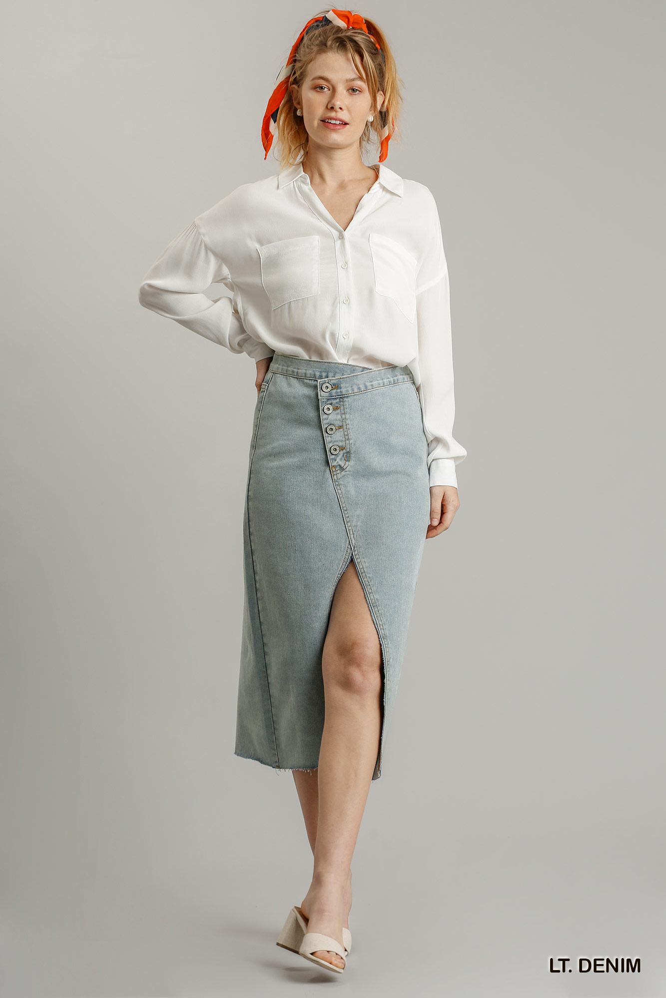 Faye Violet Asymmetrical Button Waist Denim Skirt