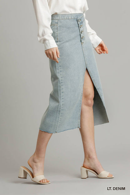 Faye Violet Asymmetrical Button Waist Denim Skirt