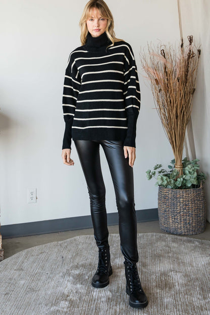 Heavy Knit Striped Turtle Neck Knit Sweater