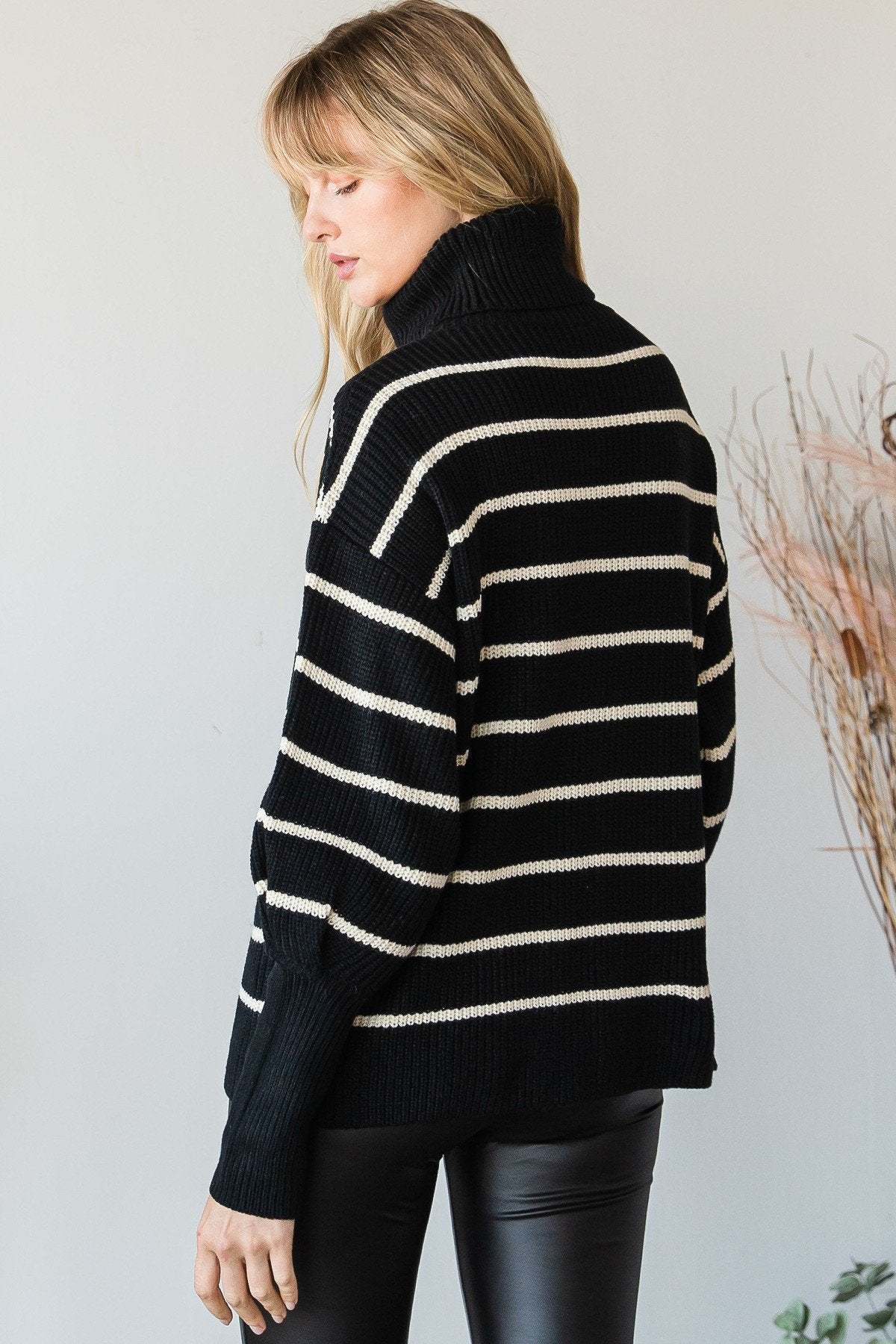 Heavy Knit Striped Turtle Neck Knit Sweater