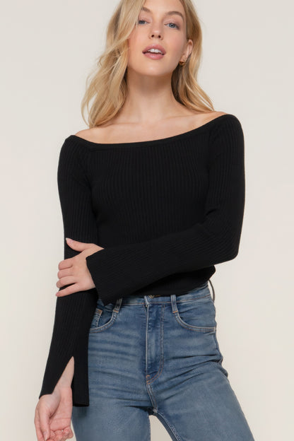 Wren Long Sleeve Off Shoulder Sweater, Black