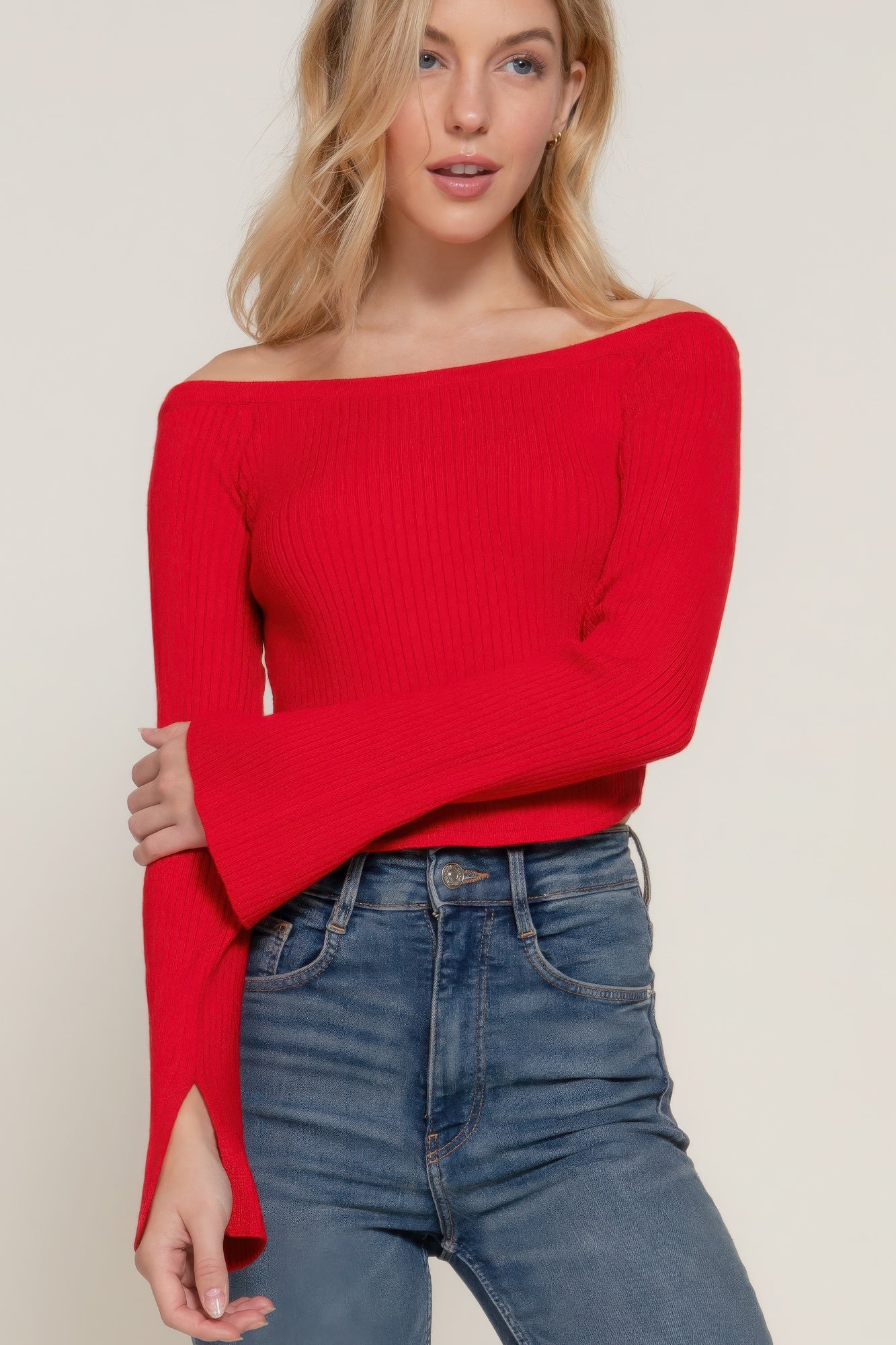 Wren Long Sleeve Off Shoulder Sweater, Red