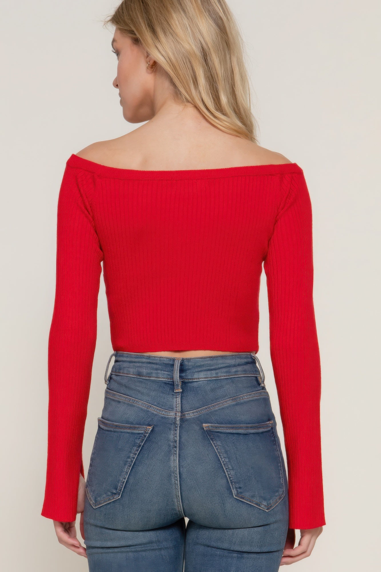 Wren Long Sleeve Off Shoulder Sweater, Red