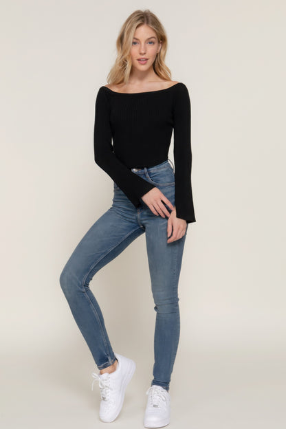 Wren Long Sleeve Off Shoulder Sweater, Black