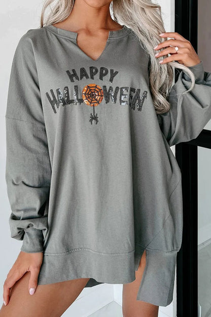 Sequin Happy Halloween Notched Sweatshirt