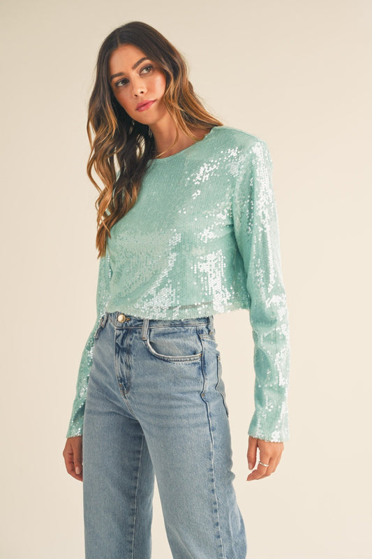 Mable Padded Shoulder Sequin Crop Top, Mint