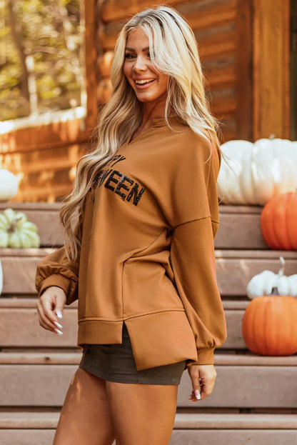 Sequin Happy Halloween Notched Sweatshirt