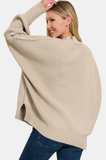 Elaine Side Slit Oversized Sweater, Beige