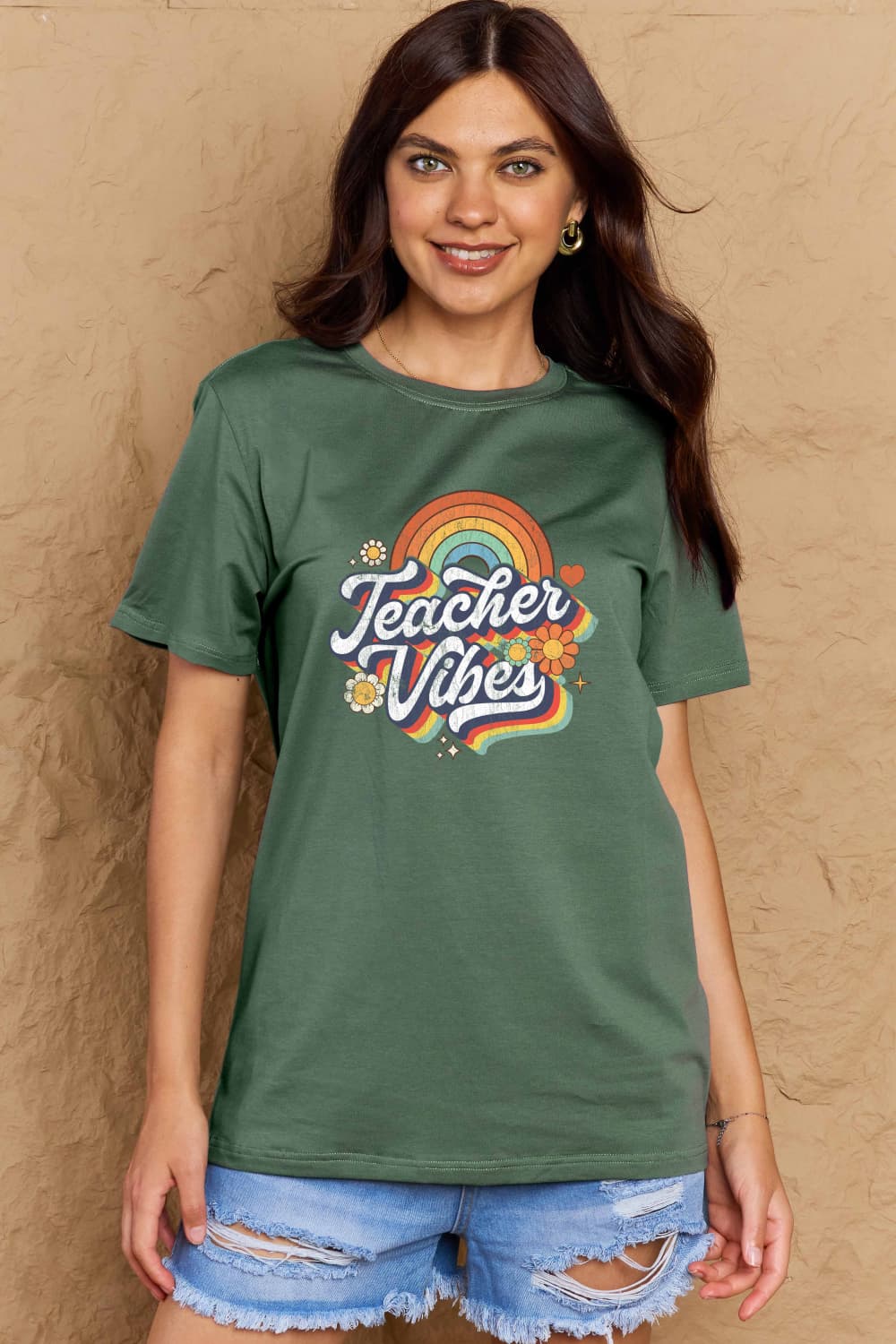 Teacher Vibes Rainbow Graphic Cotton T-Shirt