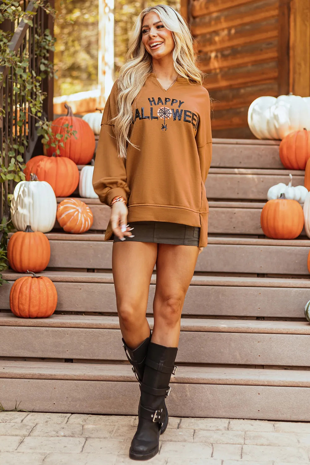 Sequin Happy Halloween Notched Sweatshirt