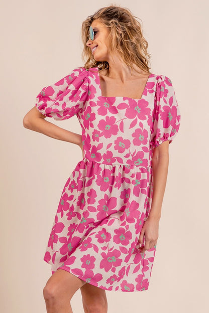 Floral Printed Square Neck Puff Sleeve Mini Dress