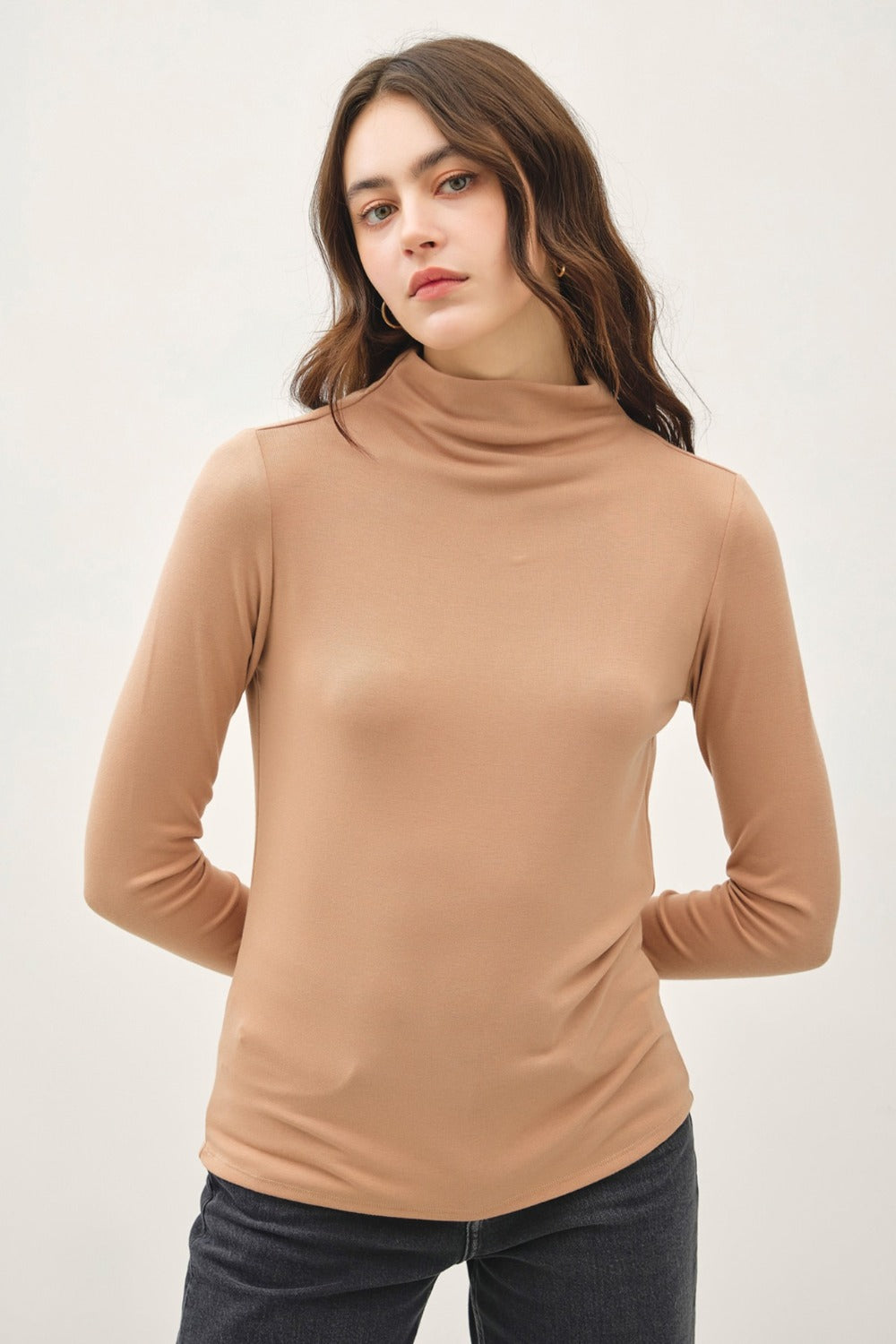 Myla Mock Neck Long Sleeve T-Shirt, Camel