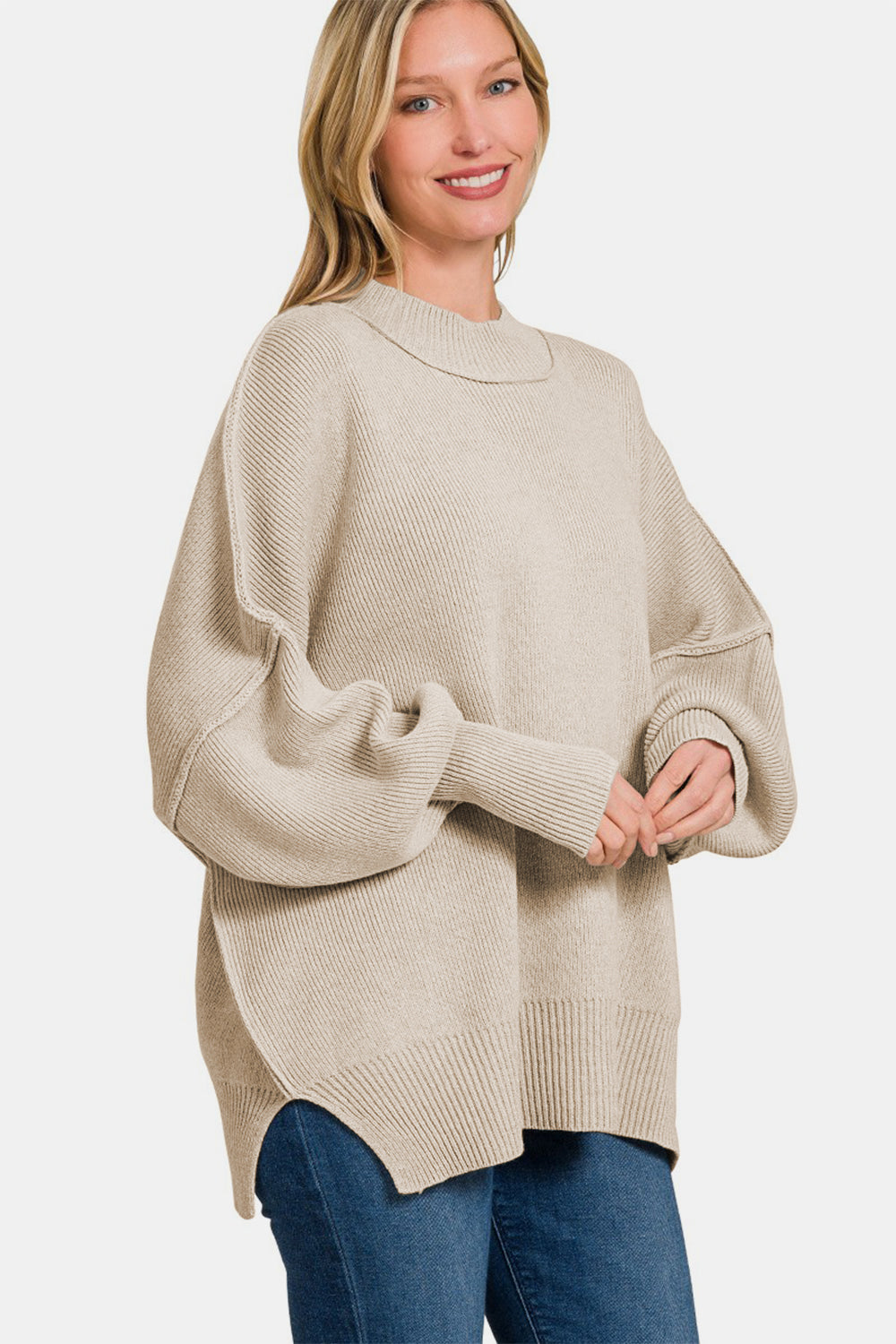 Elaine Side Slit Oversized Sweater, Beige