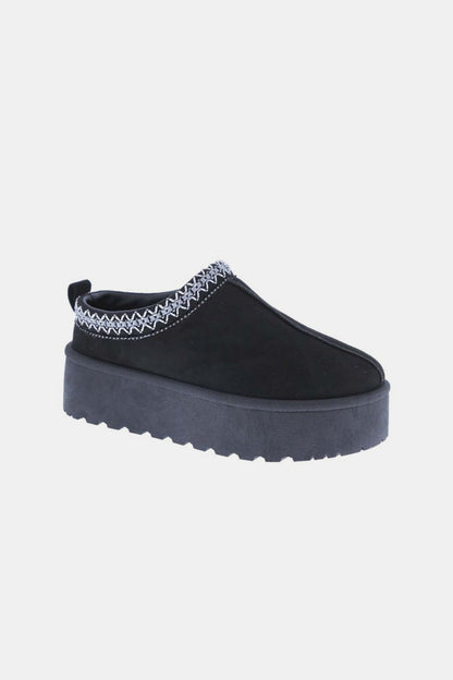 Platform Embroidered Trim Slip-Ons, Black