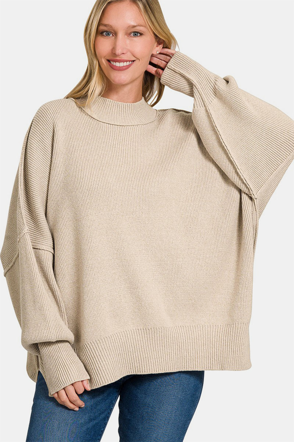 Elaine Side Slit Oversized Sweater, Beige