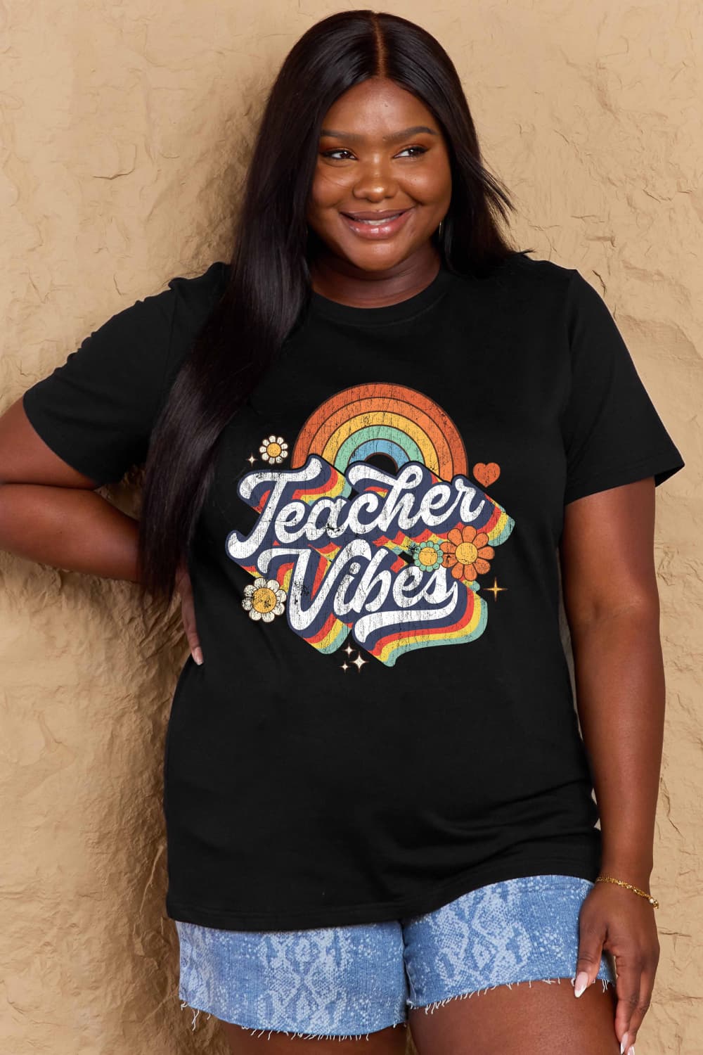 Teacher Vibes Rainbow Graphic Cotton T-Shirt